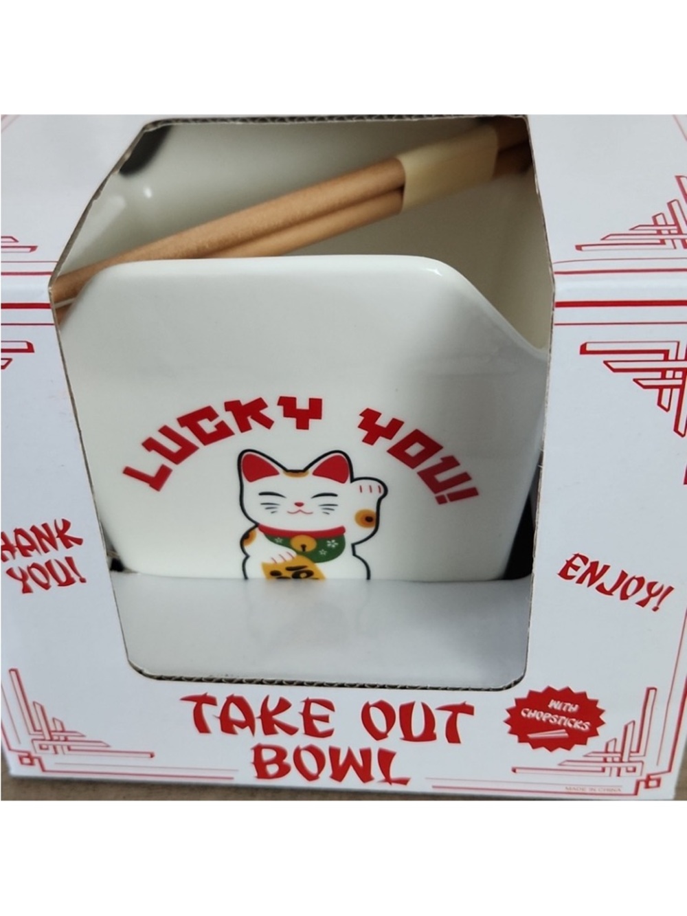 Lucky You White Takeout Bowl with Red Graphics and Wooden Chopsticks